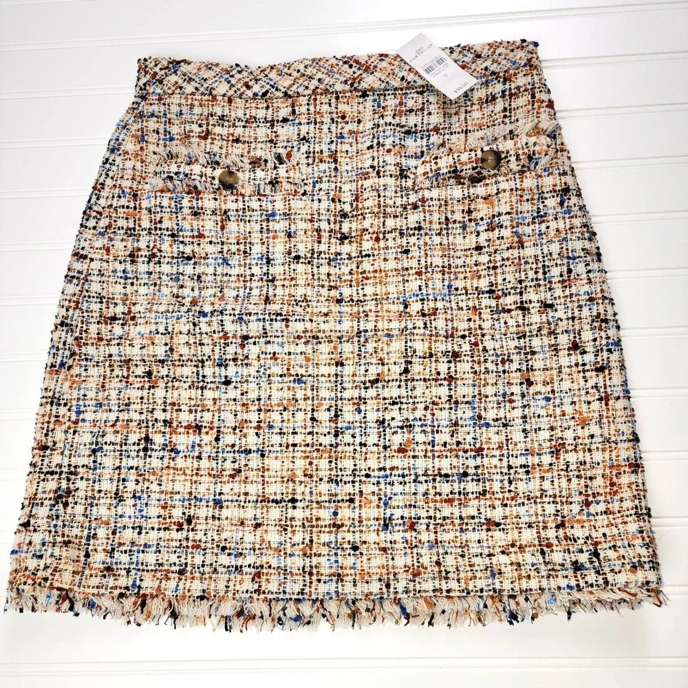 NWT Ann Taylor Skirt Tweed Frayed Hem Mini Skirt Size 0 Womens Multi‎ Color